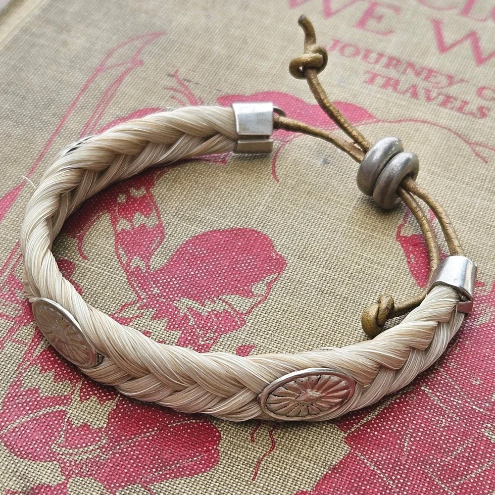 Braided Horsehair Bracelet Blonde Cream Western Silver Concho Leather Adjustable